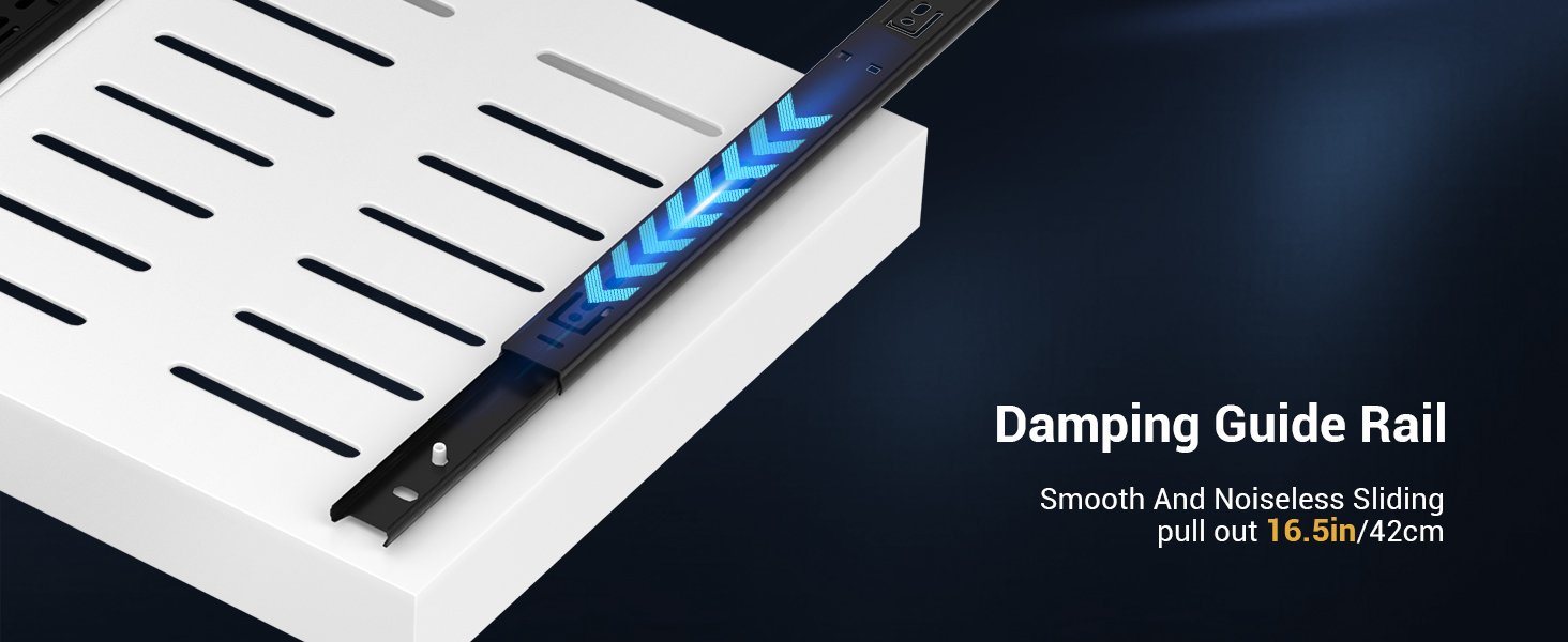 Close-up of a white device with a damping guide rail featuring a blue chevron pattern. Text describes it as 'Smooth And Noiseless Sliding.'