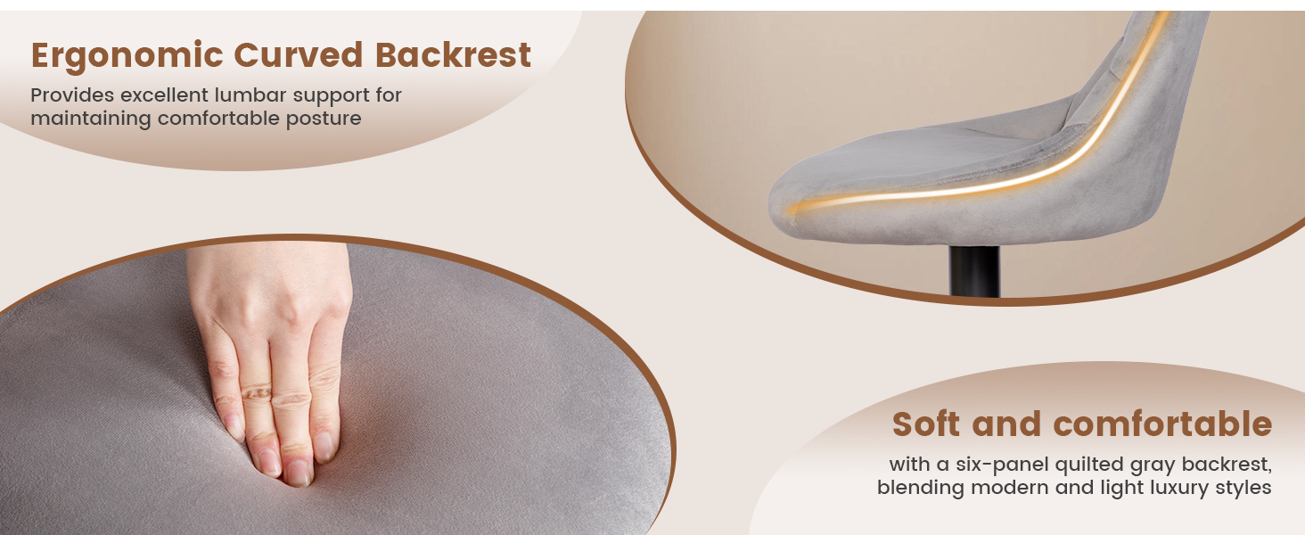 Le texte indique « Dossier incurvé ergonomique » et « Doux et confortable ». Photos de produits en gros plan montrant des éléments de design incurvés et des détails des matériaux.