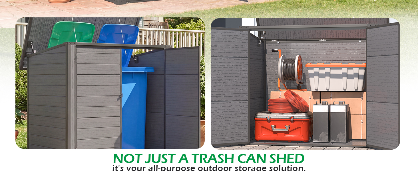 Text reads 'NOT JUST A TRASH CAN SHED' and 'It's your all-inclusive outdoor storage solution'. Multiple views of gray outdoor storage units with blue and orange bins.