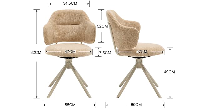 Schéma technique montrant deux chaises pivotantes rembourrées avec pieds fuselés, vues de face et de côté. Dimensions indiquées : 34,5 cm de largeur, 52 cm de hauteur, 82 cm de profondeur, 60 cm de largeur, 48 cm de hauteur de jambe, 7 cm de hauteur du coussin de siège.