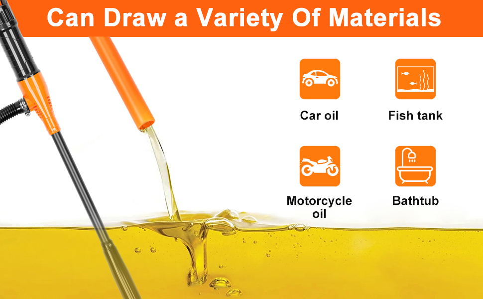 avec poignées orange et noir illustré en train d'extraire du liquide jaune. Les icônes indiquent l'utilisation de l'huile pour automobiles, des aquariums, de l'huile pour motos et des baignoires