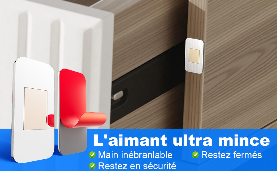Le texte se lit comme suit : « L'aimant ultra mince », « Main inébranlable », « Restez fermés », « Restez en sécurité ». Démonstration du produit montrant des capteurs ou des dispositifs de sécurité blancs.