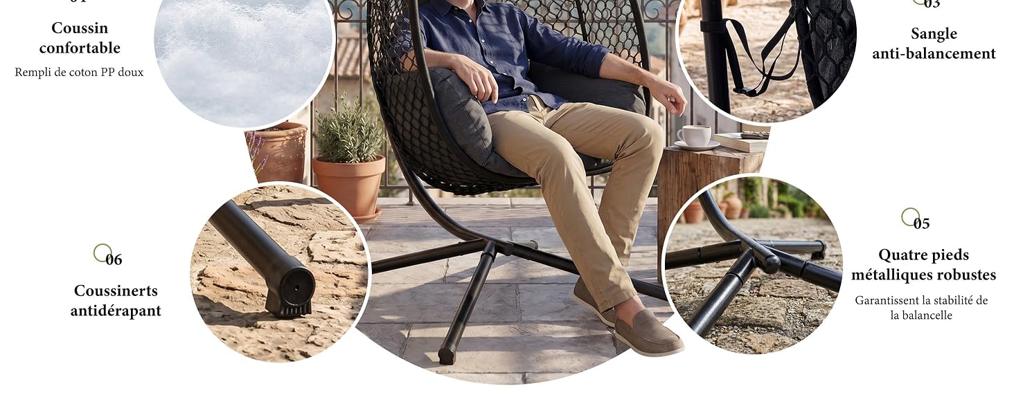 Le texte indique « Support orthopédique », « Design respirant », « Maille ouverte », « Léger ». Détails des caractéristiques du produit montrant la construction de la sandale avec des éléments de confort étiquetés.