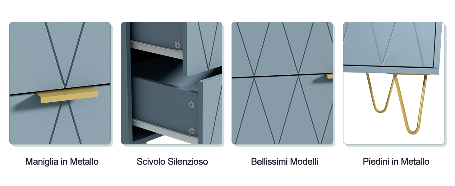 Il testo recita «Maniglia in Metallo, Scordo Smorzato, Bellissimi Modelli, Piedini in Metallo». Quattro opzioni di design delle ante dell'armadio con maniglie in metallo, meccanismi di chiusura ammortizzata e piedini in metallo con finitura grigio-blu.