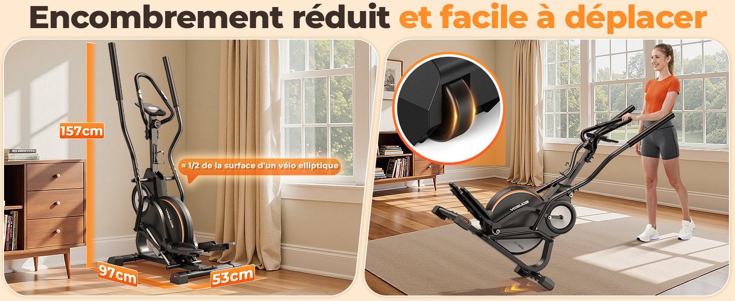 Le texte se lit comme suit : « Encombrement réduit et facile à déplacer ». Série d'images illustrant le mouvement et le réglage d'un appareil portable ou d'un meuble.