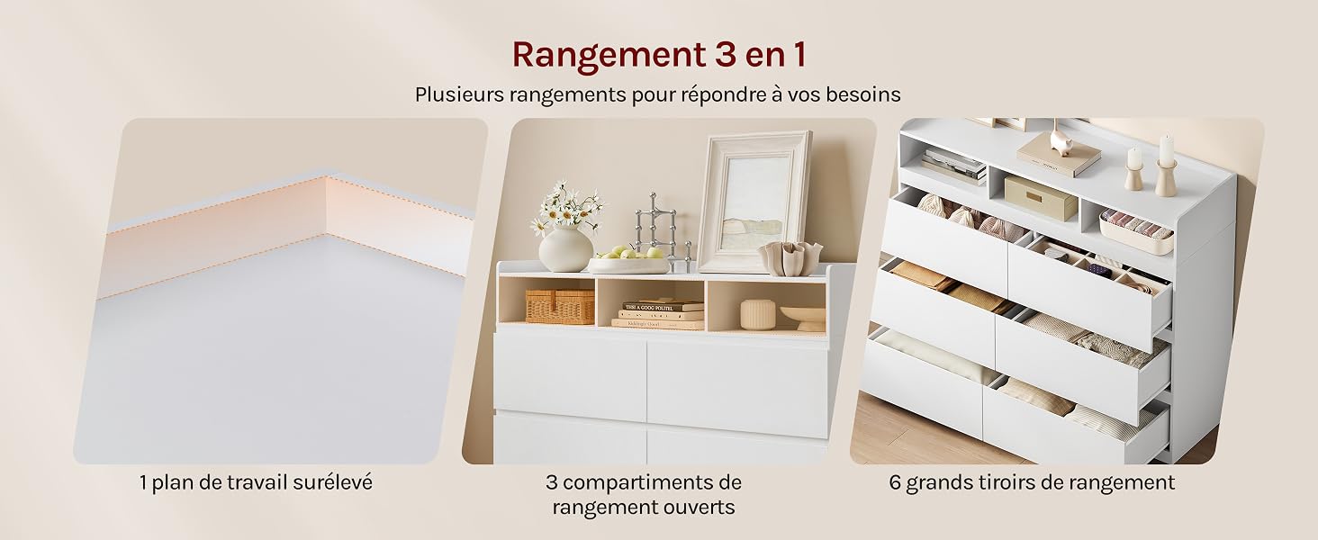 Le texte « Arrangement 3 en 1 » montre trois solutions de rangement compartimentées avec des sections divisées pour l'organisation affichées côte à côte.