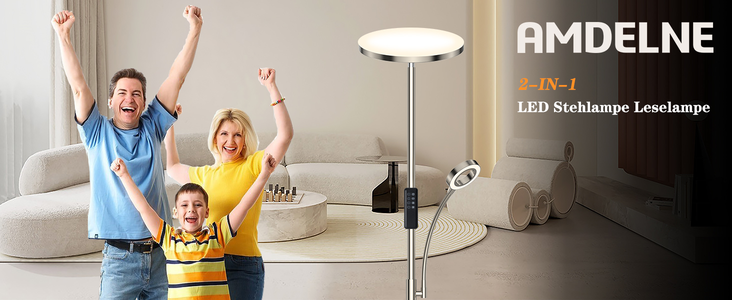 Amdeline RC-1 dehnbare LED-Stehlampe mit hohem Metallständer und rundem Leuchtenkopf, abgebildet neben einer Familie auf