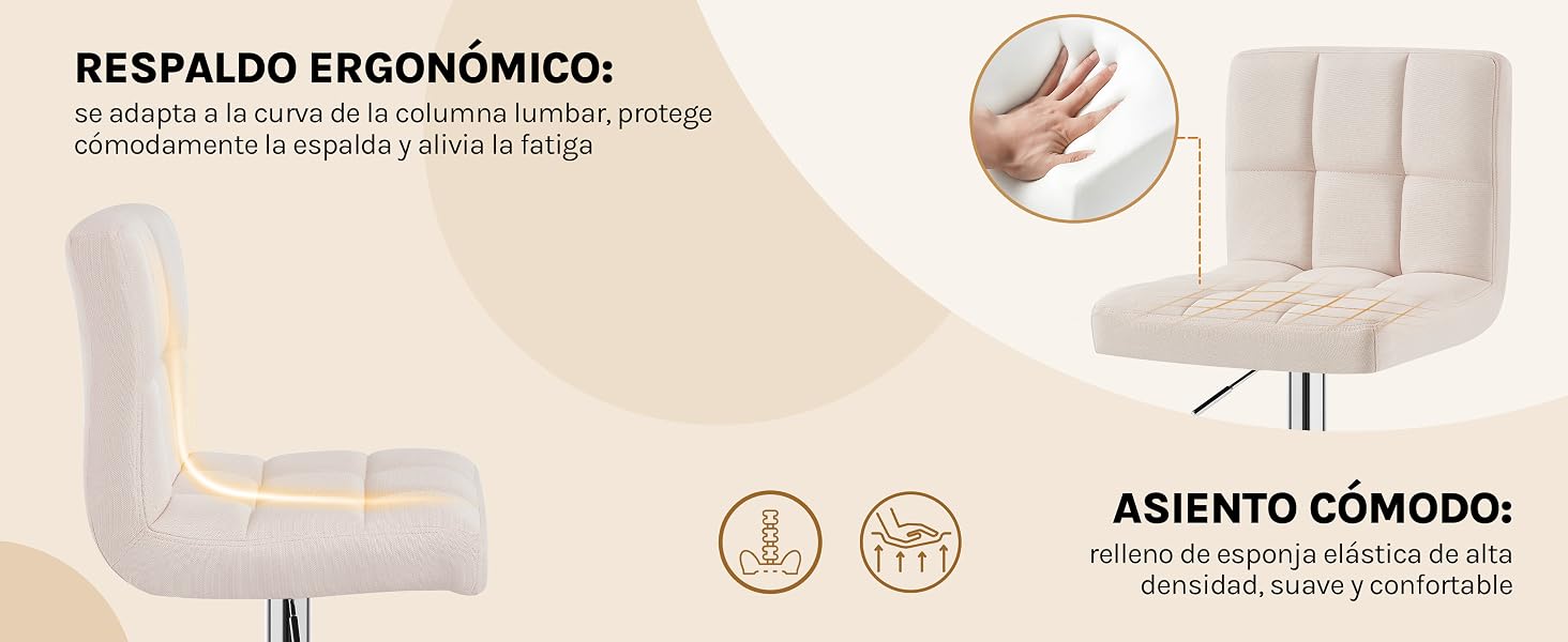Diagrama del producto que muestra las características de una silla de oficina ajustable de color crema con respaldo ergonómico y un cómodo