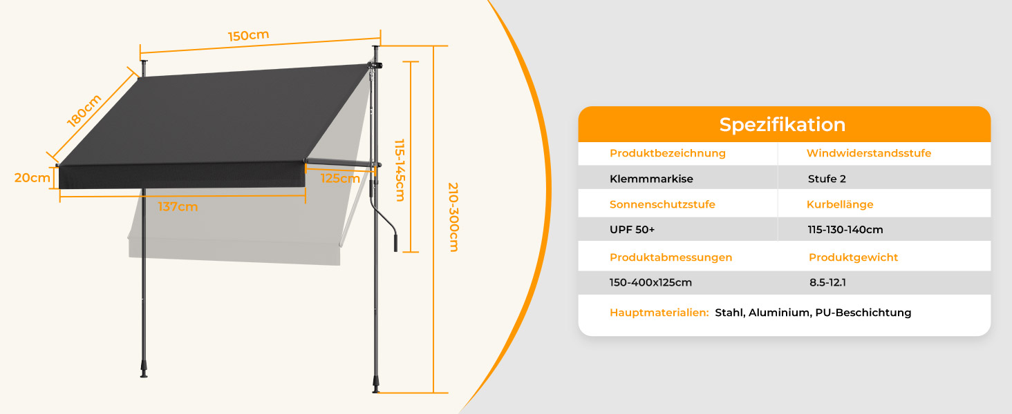 Technisches Spezifikationsdiagramm, das die Maße und Abmessungen eines Tisches oder Schreibtisches zeigt, mit orangefarbenen Spezifikationsbalken und detaillierten Maßen.