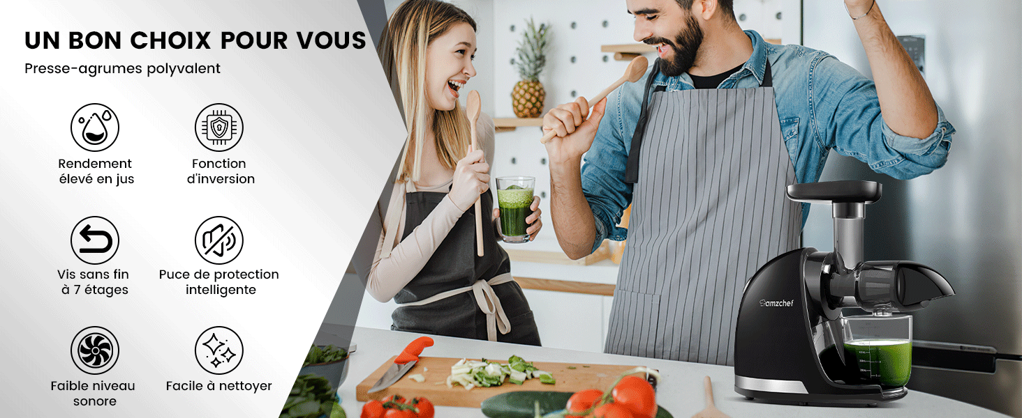 Scène de cuisine avec un couple préparant à manger. Les icônes de l'infographie mettent en valeur les caractéristiques du produit en texte français