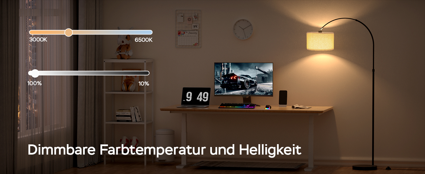 Intelligente Lichtsteuerungsschnittstelle mit einstellbaren Farbtemperatur- und Helligkeitseinstellungen sowie Demonstration der Raumbeleuchtung.