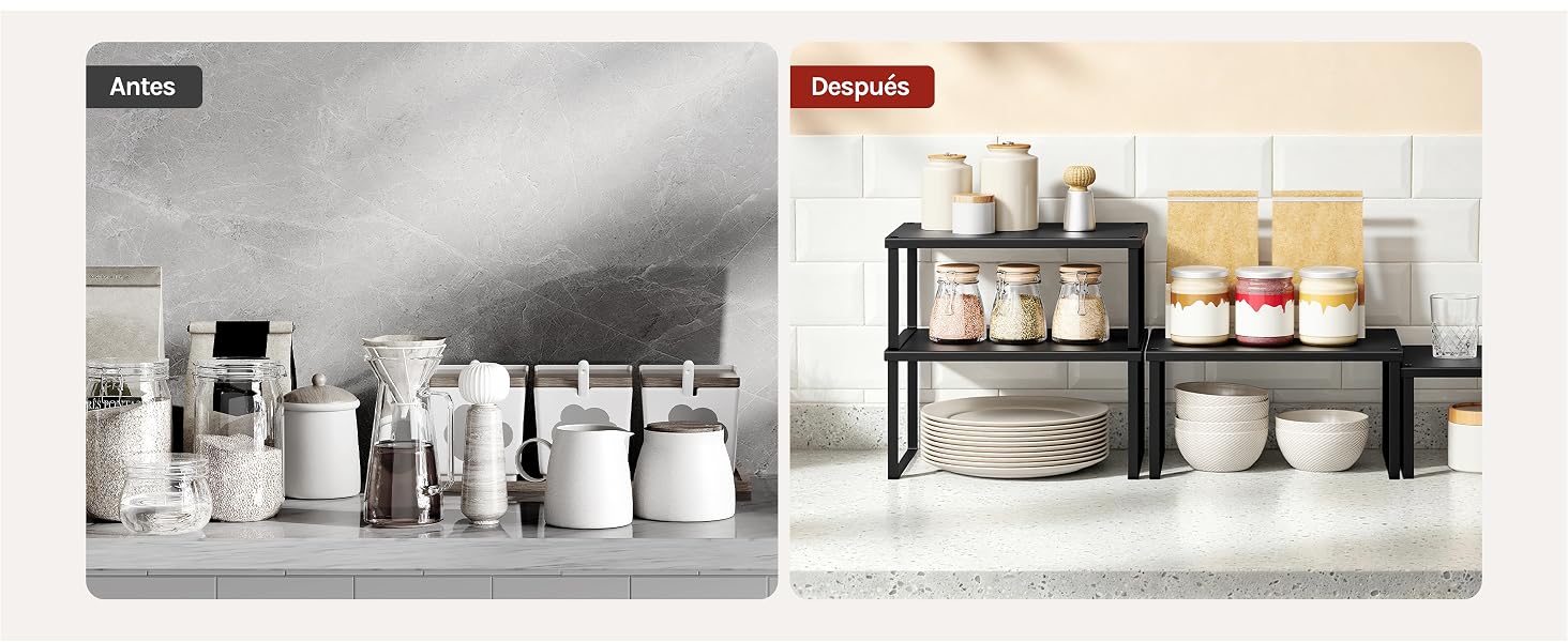 Imagen dividida que muestra soluciones de almacenamiento organizadas: el lado izquierdo muestra los productos de belleza y cuidado de la piel dispuestos en un estante blanco; el lado derecho muestra un organizador de metal negro con cosméticos, velas y artículos de tocador en los estantes con la etiqueta «Organise».