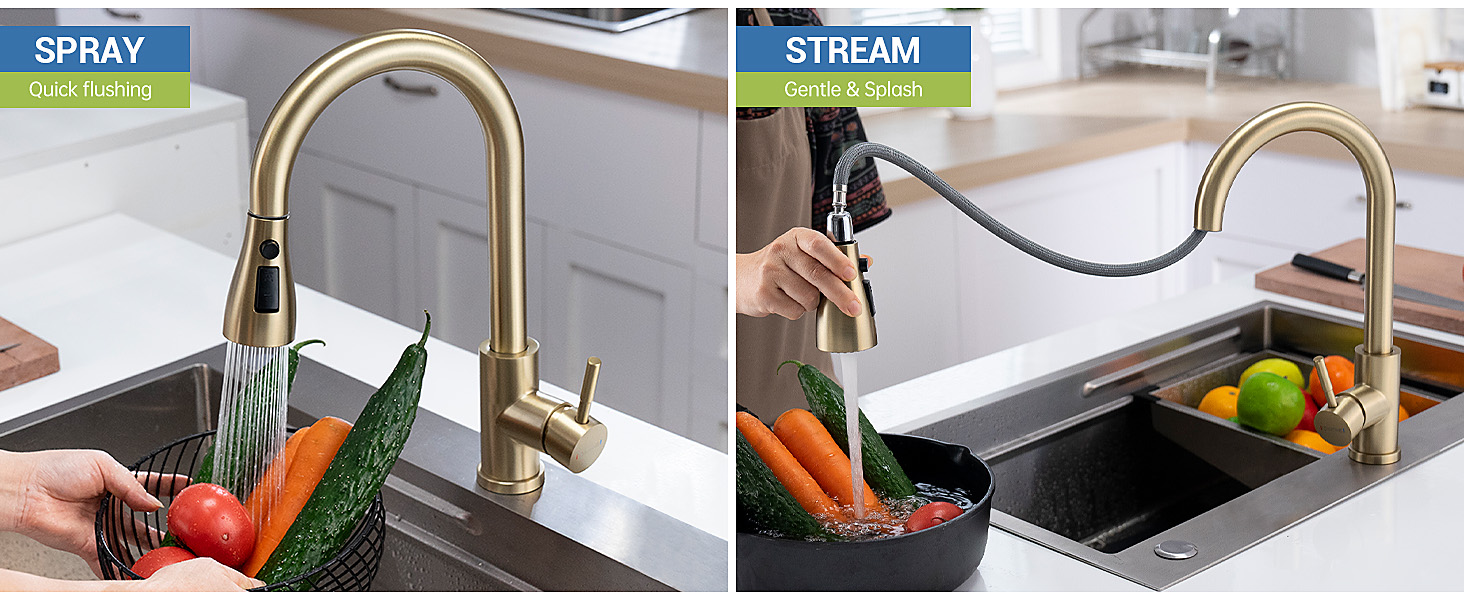 Gold-finished kitchen faucet with pull-down sprayer demonstrating spray and stream modes. Features high-arc gooseneck design and dual-function sprayer head.