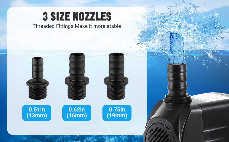 Three black plastic nozzle attachments of different sizes: 0.51in (13mm), 0.62in (16mm), and 0.75in (19mm), with threaded fittings for water pump connection.
