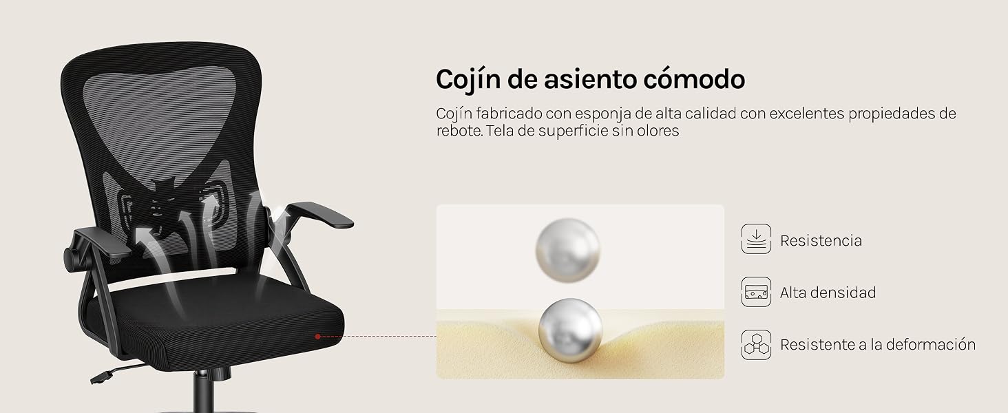 El texto dice «Cojín de asiento cómodo», «La mejor opción», «Almohada», «Garantía de satisfacción del cliente». Silla de oficina ergonómica negra de malla con cojín gris que se muestra desde los ángulos frontales y laterales, con orificios de ventilación y diseño ajustable.