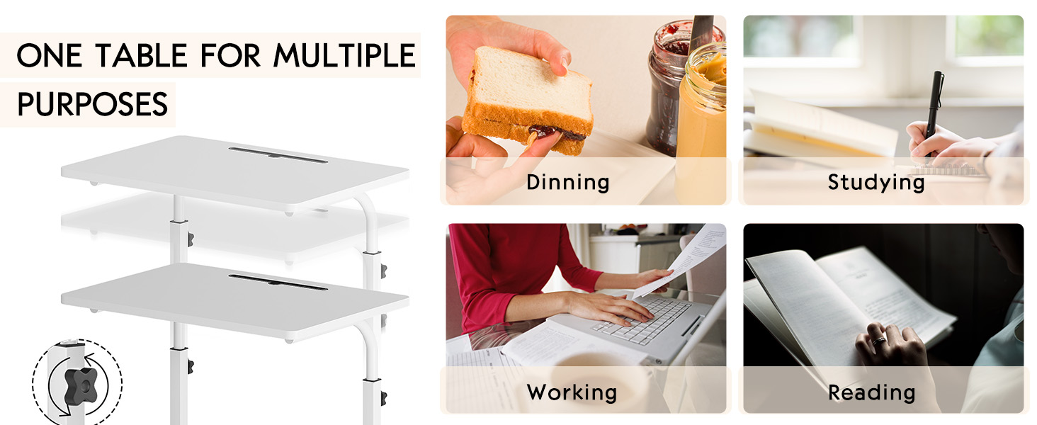 rolling desk adjustable height, mobile table movable adjustable notebook computer stand with wheels
