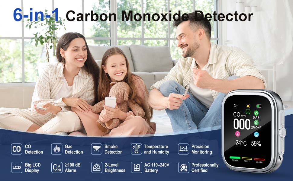 Le texte indique « Détecteur de monoxyde de carbone 6 en 1 ». Scène familiale avec montre connectée affichant les mesures de qualité de l'air. Plusieurs icônes illustrant les capacités de détection pour la surveillance de la qualité de l'air sont affichées ci-dessous.