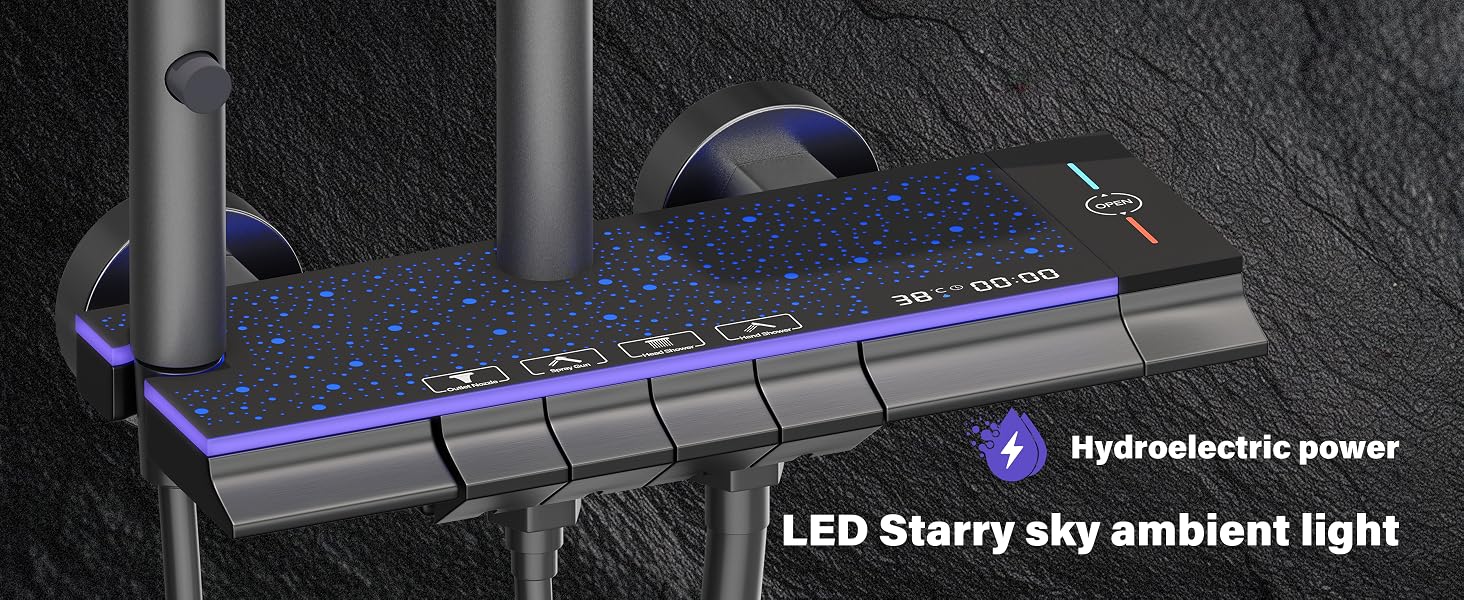 Le texte indique « Lumière ambiante LED dans le ciel étoilé » et « Énergie hydroélectrique ». Clavier de jeu noir avec effets de rétroéclairage LED bleus visibles.