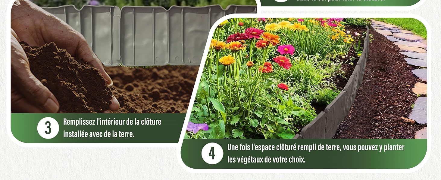 Una serie de imágenes de instrucciones de jardinería o plantación que muestran tierra y plantas en un jardín con flores, con las etapas numeradas 3 y 4 visibles.