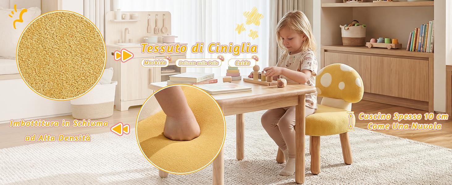 Scena interna illuminata dal sole con mobili in legno e luci calde, che mostra quello che sembra essere un set di tavolo e sedie a misura di bambino.