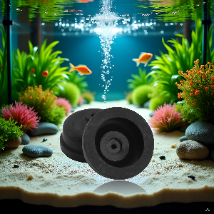 Black circular aquarium pump or filter shown underwater in fish tank setting with decorative plants and blue illuminated background.
