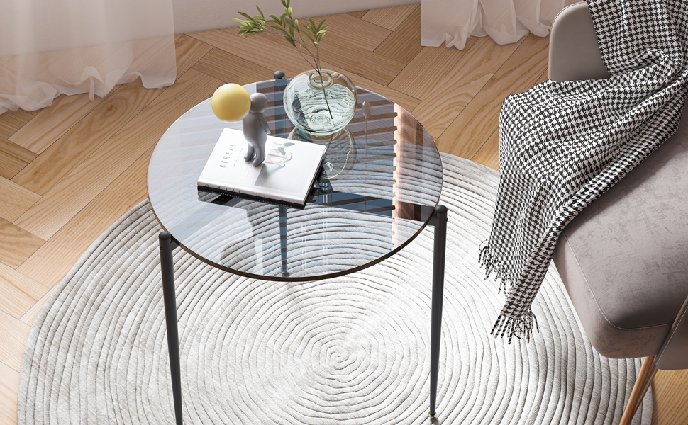 Artloge Petite Table Appoint Salon Bout Canapé Ronde Noir Verre Trempé Table Chevet Cadre Métal