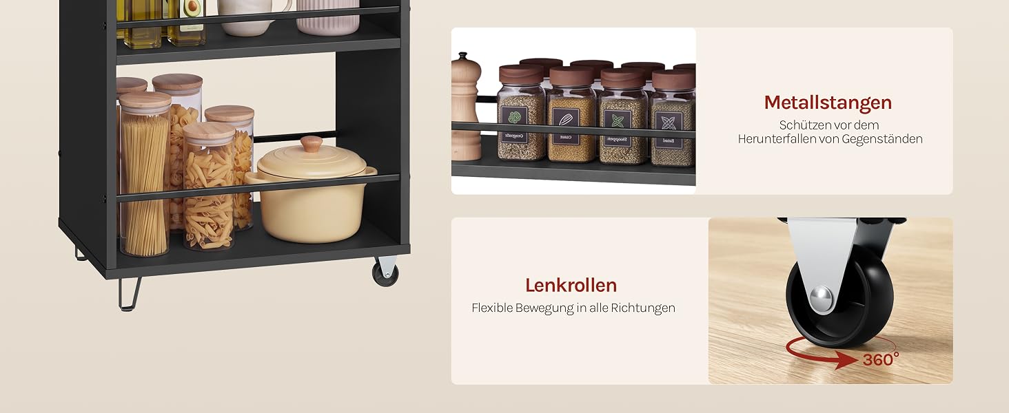 Immagine composita del prodotto che mostra un carrello portaoggetti nero con ripiani e contenuto, candele decorative e testo con «Merkzettel» e «GRATIS DAZU» (testo tedesco per «gratis con l'acquisto»).