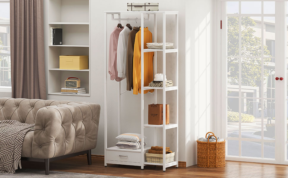 Portant à Vêtements Penderie Garde-robes Porte-manteau en Métal avec Étagères de Rangement