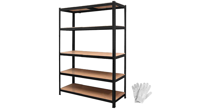 Black metal shelving unit with five horizontal wooden shelves and vertical support posts, displayed with work gloves icon indicating storage/workspace furniture.