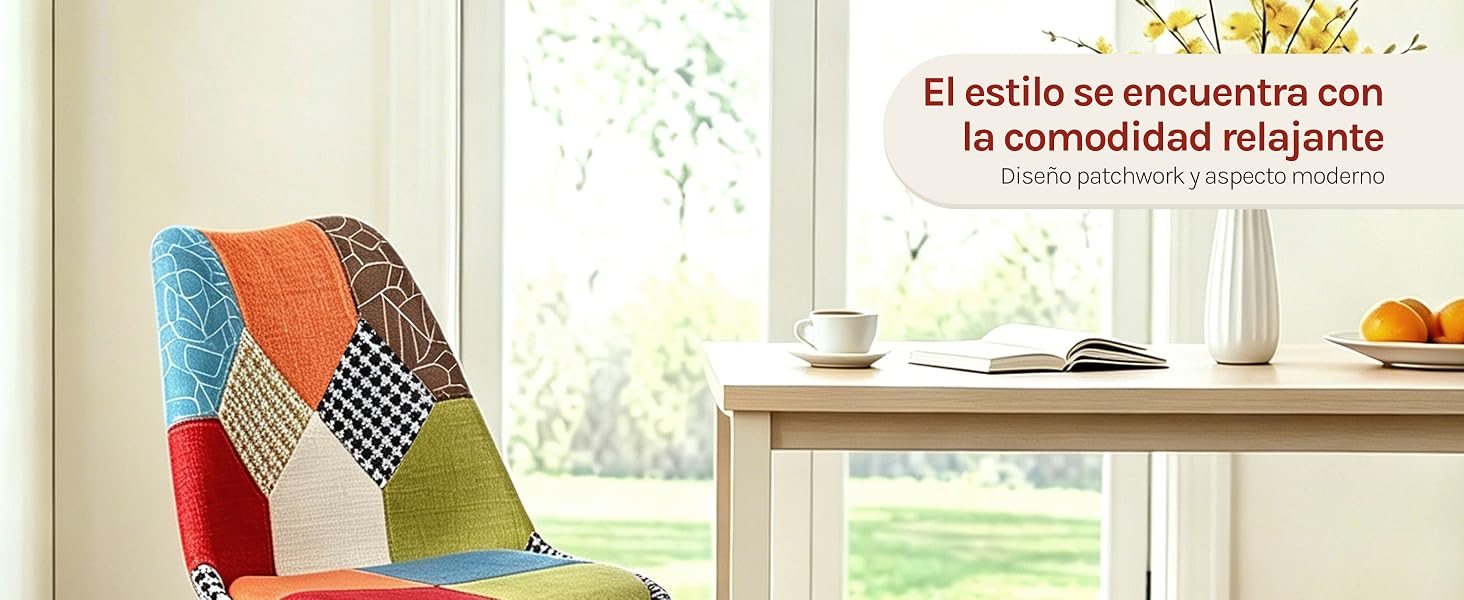El texto dice «El estilo se encuentra con la comodidad relajante». Escena interior de una casa que muestra un colorido sillón de retazos cerca de una ventana luminosa con un escritorio de madera y accesorios blancos.