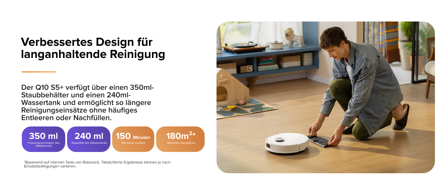 Der Text lautet „Verbessertes Design für langanhaltende Reinigung“. Das Bild zeigt einen Roboterstaubsauger auf dem Boden, dessen Bedienelemente durch farbige Kreise gekennzeichnet sind.