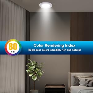 LED ceiling light fixture demonstrating color rendering index of 80 CRI, showing natural illumination in a modern bedroom setting.