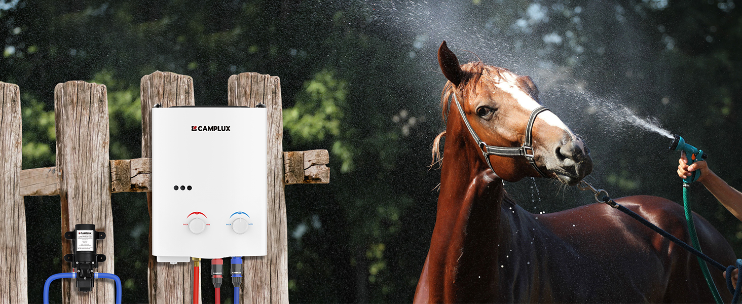 Cheval brun aspergé d'eau. Chauffe-eau blanc sans réservoir monté sur des poteaux en bois au premier plan, suggérant l'installation d'une douche extérieure