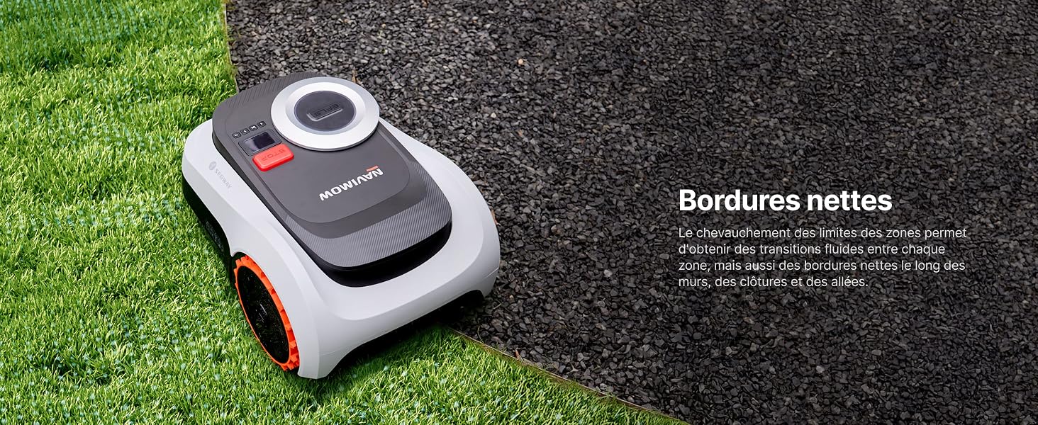 Vues multiples d'une tondeuse à gazon robotisée sur l'herbe et le trottoir. Montre un boîtier en plastique blanc avec des roues et un mécanisme de coupe en dessous.
