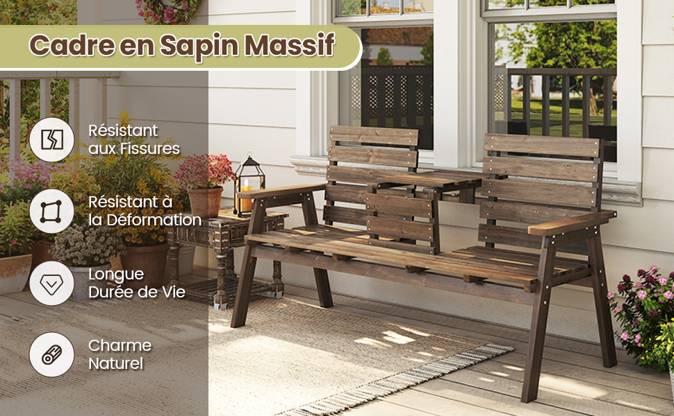 Le texte indique « Restaurant La Dame D'Antan » et « Charme ». Terrasse extérieure en bois du restaurant avec des bancs et des tables rustiques disposés devant un bâtiment en pierre.