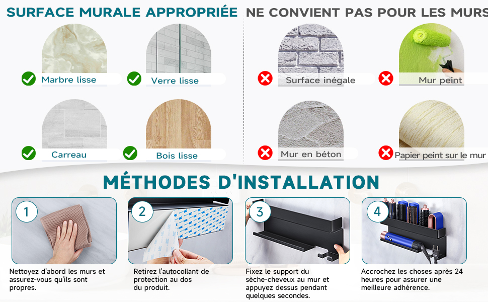 Porte Sèche Cheveux,Support Sèche-Cheveux Mural, Support De Lisseur Avec Range-Câbles, Support