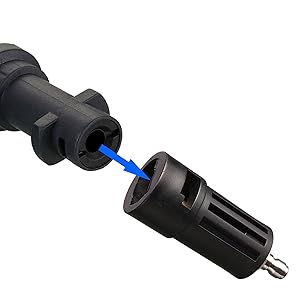 Black plastic connector with blue light beam, showing attachment process to cylindrical device. Close-up view of electronic or optical equipment connection.