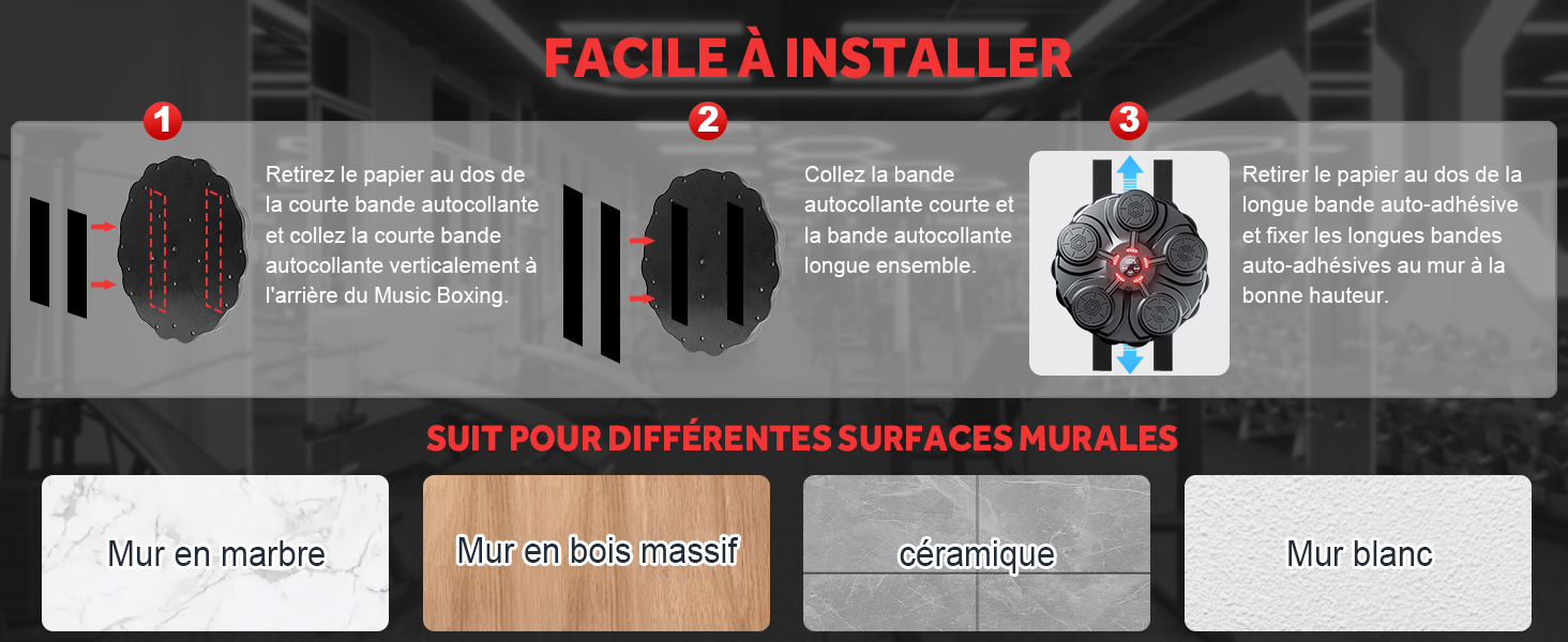Schéma d'instructions pour l'installation d'un objet mural. Montre trois étapes avec des icônes et du texte en français, indiquant la facilité d'installation sur diverses surfaces.