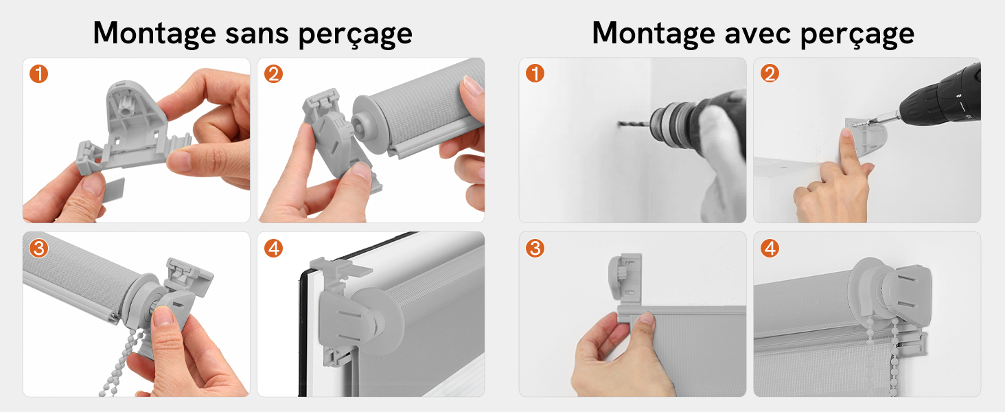 Le texte indique « Montage sans perçage » et « Montage avec perçage ». Schémas d'instructions indiquant les étapes d'installation numérotées pour le montage du matériel sans perçage (à gauche) et avec perçage (à droite), avec supports et fixations gris.