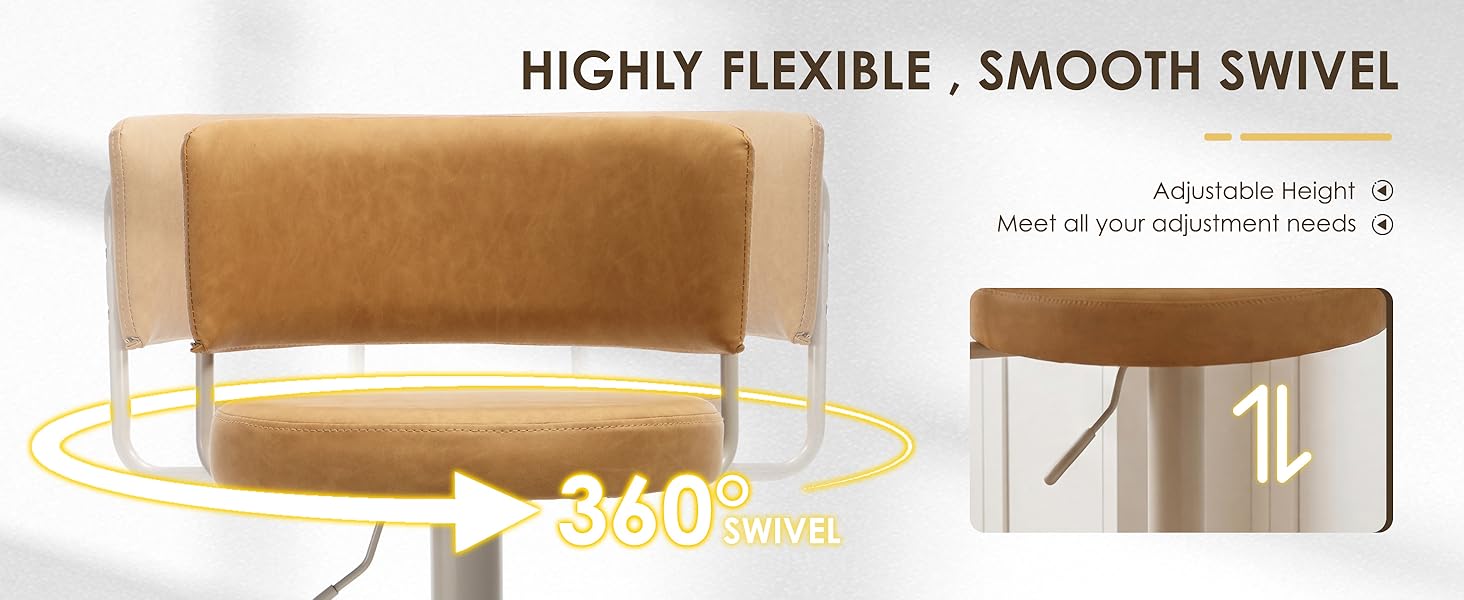 Text reads 'HIGHLY FLEXIBLE, SMOOTH SWIVEL' and '360° SWIVEL'. Tan leather swivel chair with metal legs shown from multiple angles, featuring adjustable height and 360-degree rotation capability.