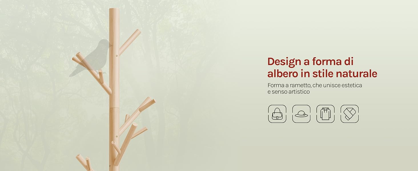 Il testo recita 'Disegn a formato albero in stile naturale' con le icone delle istruzioni per la cura qui sotto. Sfondo beige minimalista con una delicata disposizione di rami nudi nei toni naturali dell'abbronzatura e del marrone.