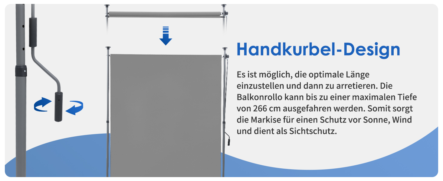 Schema einer ausziehbaren Balkonmarkise mit Handkurbeldesign. Die Abbildung zeigt eine verstellbare Länge und eine maximale Verlängerung von 250 cm für Sonnen