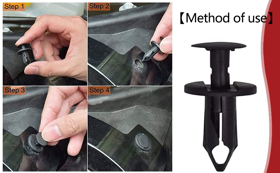 Four-step instruction guide for using a black plastic fastener tool, with closeup images of hands demonstrating its application on fabric.