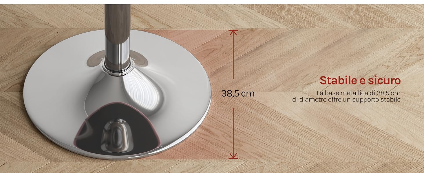 Il testo dice «34,5 cm». Dettaglio di una base circolare cromata con asta centrale montata su pavimento in legno, con annotazione delle misure.