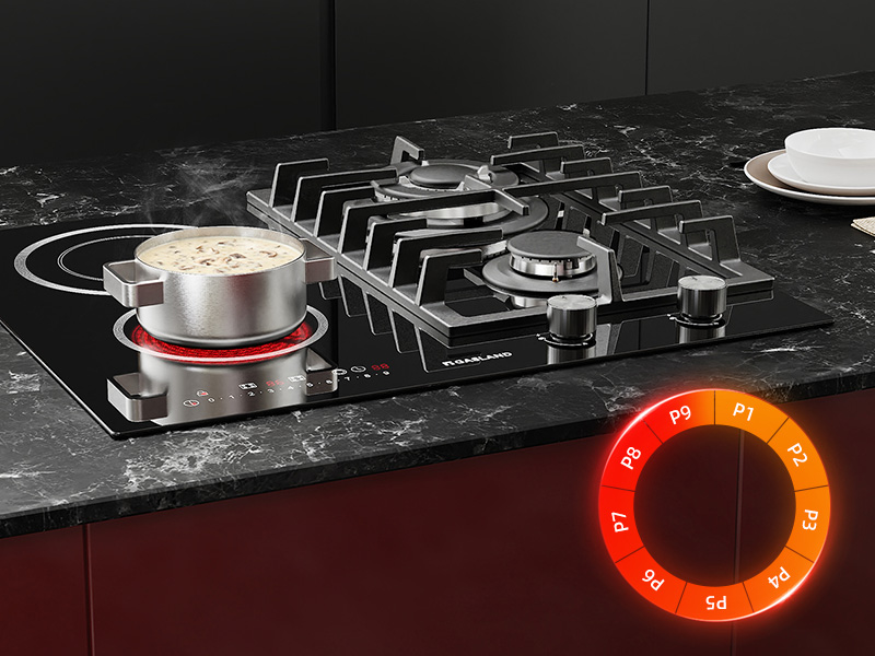 Table de cuisson au gaz moderne avec surface semblable à du marbre noir avec plusieurs brûleurs. Dispose d'une interface de commande circulaire orange-rouge illuminée affichant les réglages de température ou de puissance.