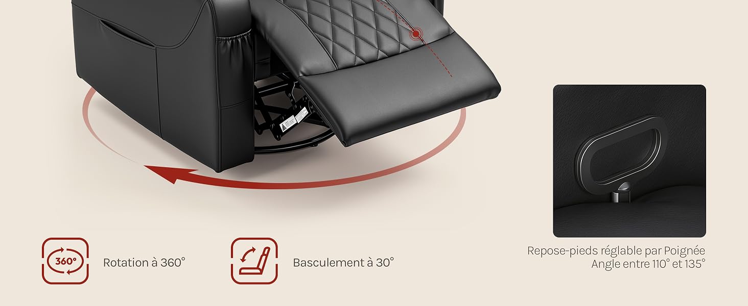 Repose-pieds ergonomique noir avec base incurvée rouge, comprend une image détaillée plus petite et des icônes de spécification indiquant les caractéristiques et les dimensions du produit.