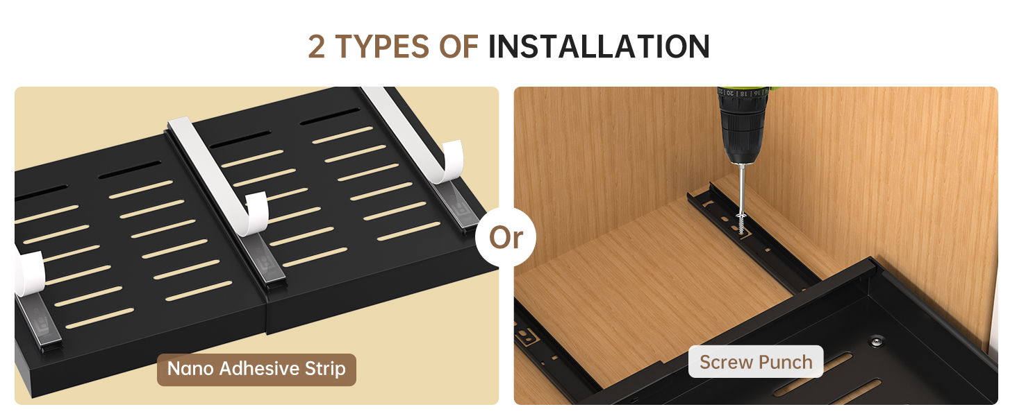 Two installation methods for a black storage organizer: adhesive strip application and screw attachment. Shows organizer's slatted design and compatibility with wooden surfaces.