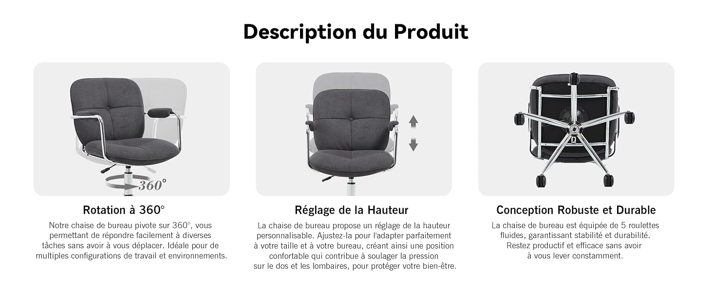 Schéma technique présentant plusieurs vues et spécifications d'une chaise de bureau, y compris les dimensions et les caractéristiques de réglage en texte français.