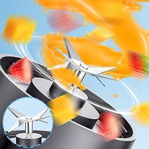 Stainless steel fruit slicer with circular blade and crescent-shaped handle. Inset image shows blade detail. Background features blurred fruit slices in motion.
