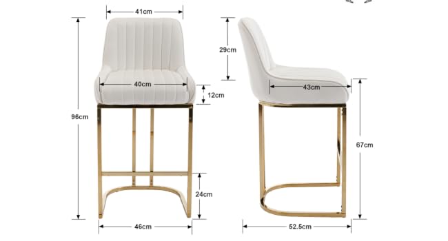avec dossier et assise canalisés verticaux blancs. Base en métal doré avec support incurvé. Le schéma montre les dimensions : 86 cm de hauteur totale, 67 cm de hauteur d'assise, 41 cm